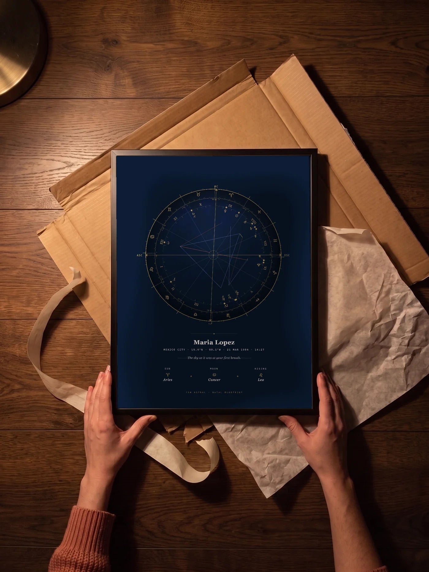 Seen from above, two hands lift a framed Ion Astral natal blueprint out of its kraft box.