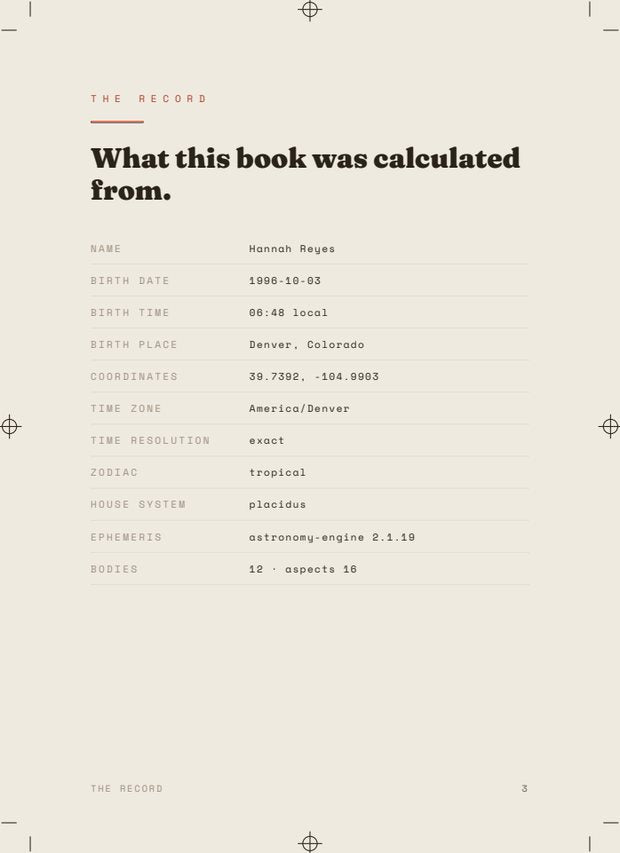 Book One sample page: the record — the birth details the book was calculated from