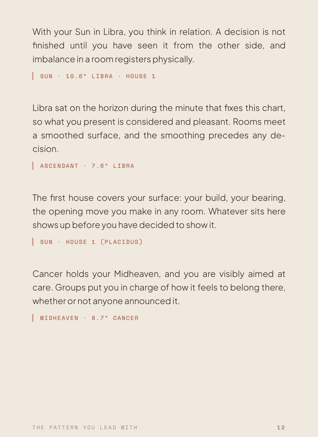 Book One sample page: page 12, a page of reading from Section 01 — each statement followed by the placement it comes from