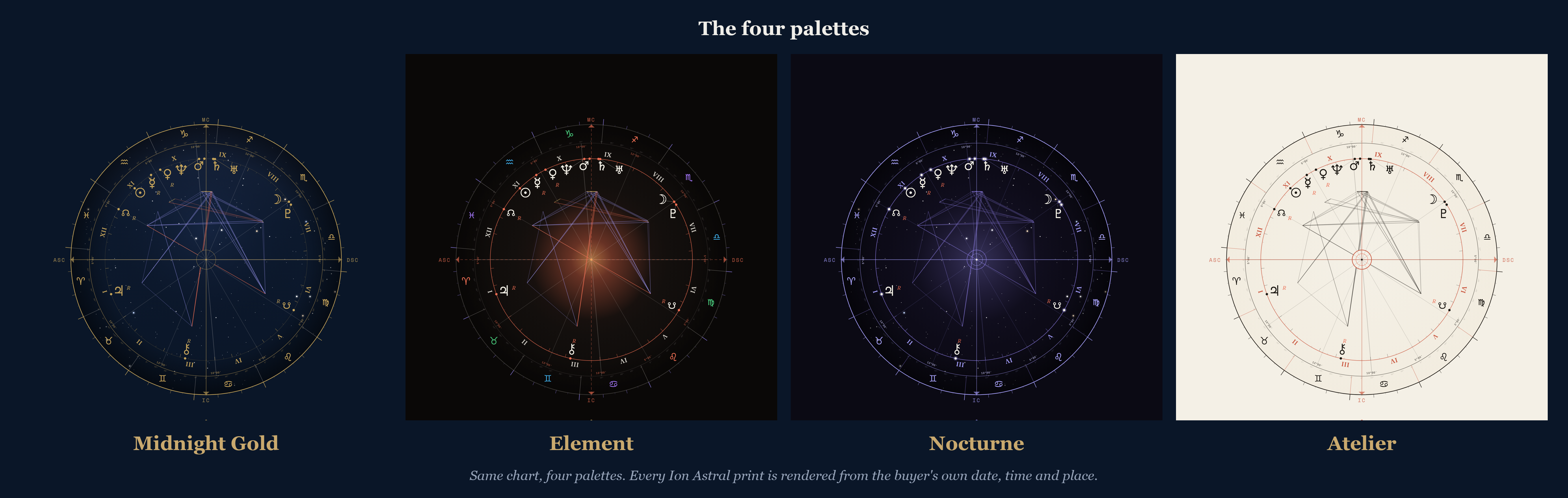 The four Ion Astral palettes: Midnight Gold, Element, Nocturne and Atelier