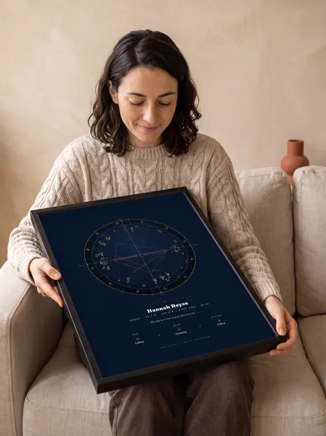 A woman on a sofa holding her framed Natal Blueprint birth chart print