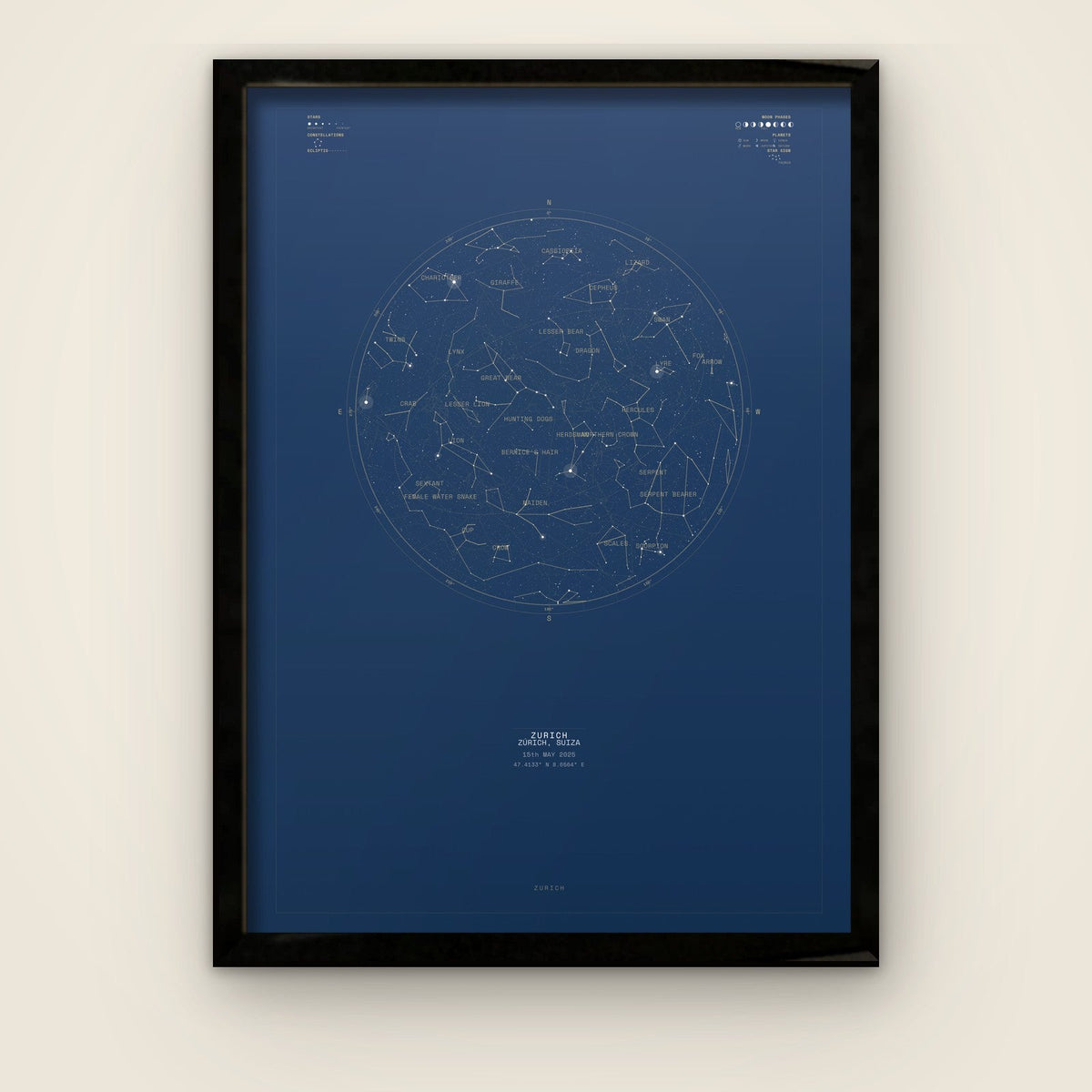 Night Sky star map print in a black frame — sample sky