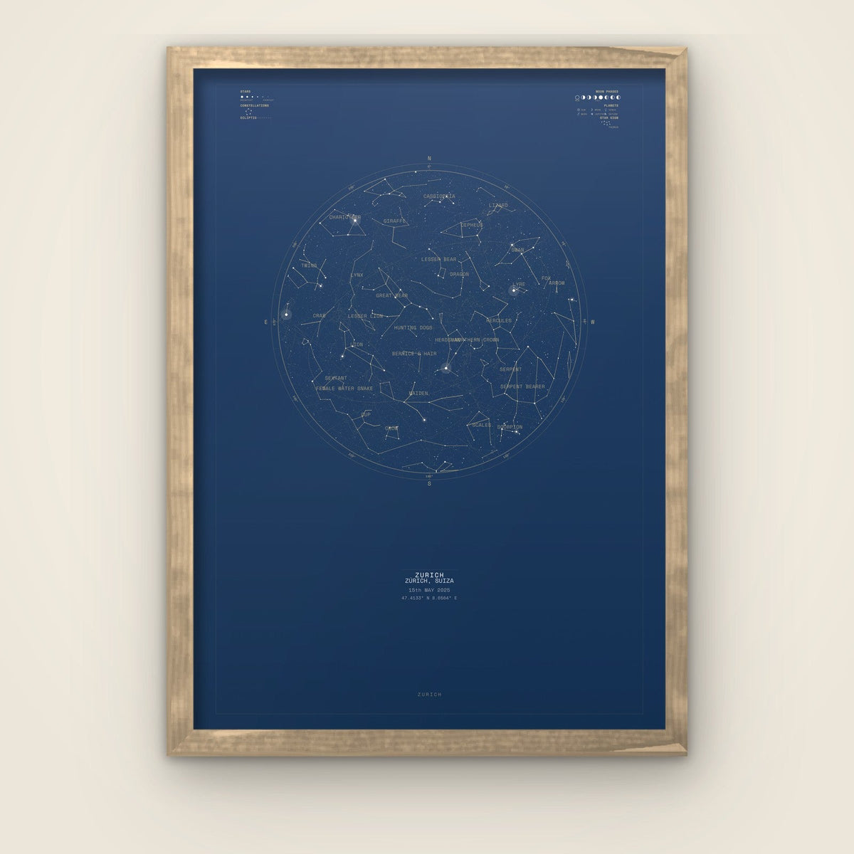 Night Sky star map print in a natural wood frame — sample sky