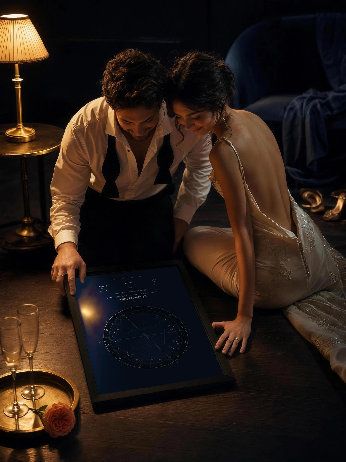 Two people in evening dress lean over a framed Ion Astral natal blueprint lying on a wooden floor.