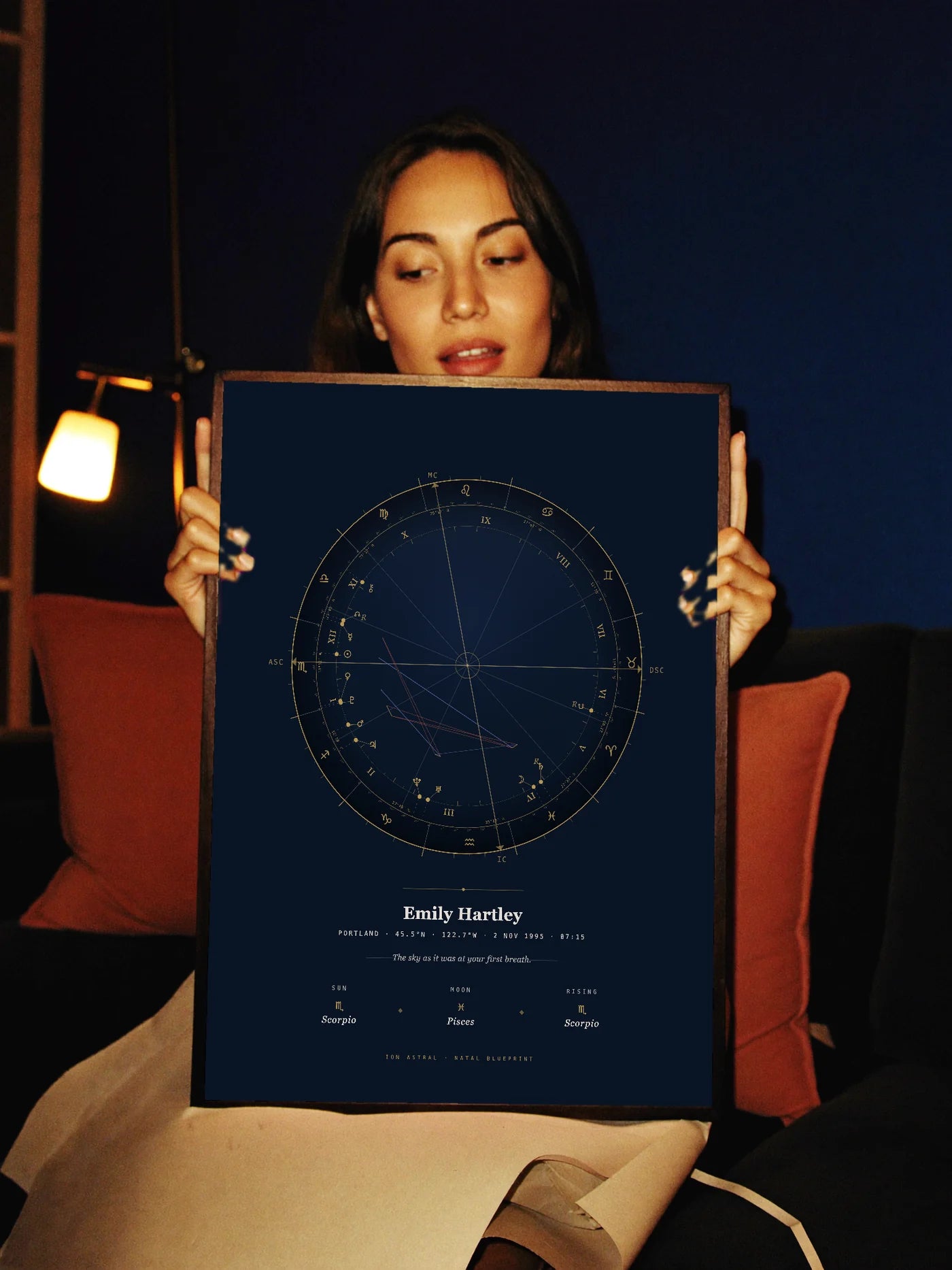 A woman sits in lamplight holding a framed Ion Astral natal blueprint up to the camera.