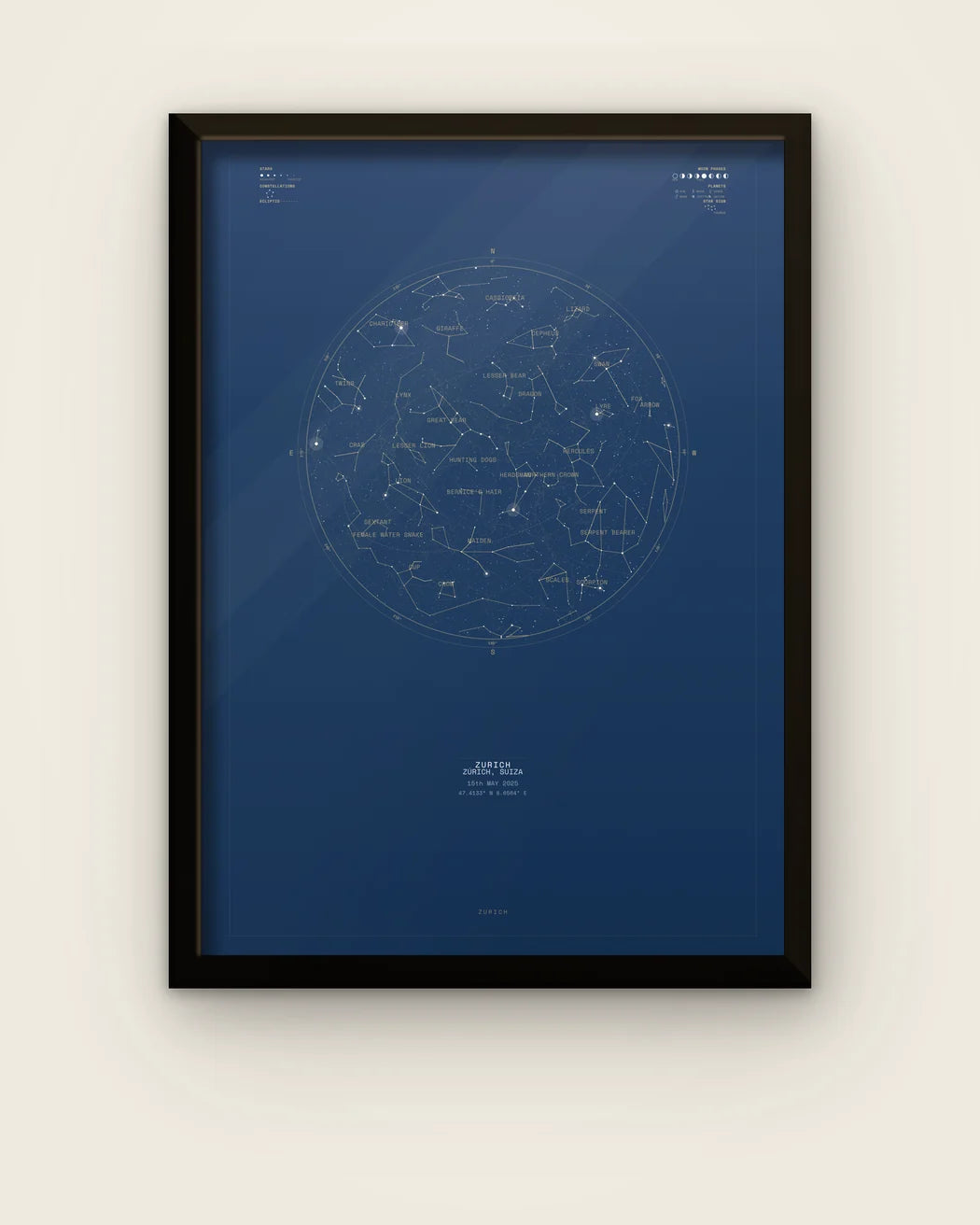 A framed Ion Astral Night Sky: the star map of one place at one minute, printed in Midnight Gold, in the matte black frame