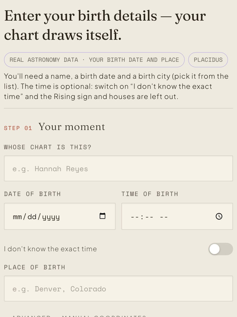 The configurator: name, date, time and place of birth